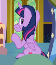 Size: 562x655 | Tagged: safe, screencap, twilight sparkle, alicorn, pony, father knows beast, g4, cropped, female, looking back, rear view, solo, twilight sparkle (alicorn)
