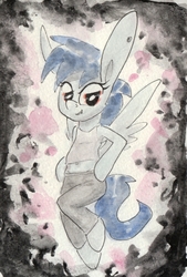 Size: 695x1030 | Tagged: safe, artist:slightlyshade, pony, belly button, bipedal, clothes, cold wisp, long ears, midriff, pants, tank top, traditional art