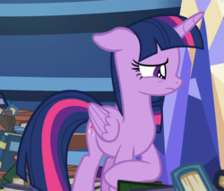 Size: 1100x937 | Tagged: safe, screencap, twilight sparkle, alicorn, pony, father knows beast, g4, my little pony: friendship is magic, book, cropped, female, floppy ears, looking away, sad, solo, twilight sparkle (alicorn)