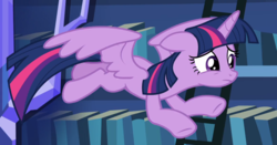 Size: 1512x791 | Tagged: safe, screencap, twilight sparkle, alicorn, pony, father knows beast, g4, bookshelf, cropped, female, floppy ears, flying, ladder, mare, solo, spread wings, sympathy, twilight sparkle (alicorn), wings