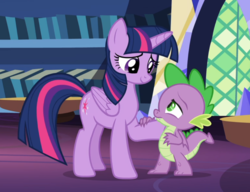 Size: 1003x771 | Tagged: safe, screencap, spike, twilight sparkle, alicorn, dragon, pony, father knows beast, g4, comforting, cropped, female, male, smiling, twilight sparkle (alicorn), winged spike, wings