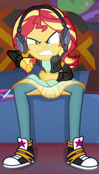 Size: 396x690 | Tagged: safe, screencap, sunset shimmer, equestria girls, g4, game stream, my little pony equestria girls: better together, angry, clothes, converse, cropped, female, gamer sunset, headphones, pants, shoes, shrunken pupils, sneakers
