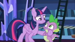 Size: 1669x938 | Tagged: safe, screencap, spike, twilight sparkle, alicorn, dragon, pony, father knows beast, g4, best friends, bookshelf, comforting, female, ladder, male, mare, smiling, twilight sparkle (alicorn), winged spike, wings
