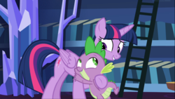 Size: 1668x938 | Tagged: safe, screencap, spike, twilight sparkle, alicorn, dragon, pony, father knows beast, g4, best friends, bookshelf, comforting, duo, female, hug, ladder, looking at each other, male, twilight sparkle (alicorn), winged spike, wings