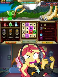 Size: 960x1260 | Tagged: safe, edit, edited screencap, screencap, fluttershy, sunset shimmer, equestria girls, equestria girls series, g4, game stream, spoiler:eqg series (season 2), bookworm adventures deluxe, controller, gamer sunset, grumpset shimmer, headphones, meme, not so grumpershy, psycho gamer sunset, rage, shitposting, sunset shimmer frustrated at game, tell me what you need, video game