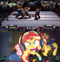 Size: 986x1024 | Tagged: safe, edit, edited screencap, screencap, fluttershy, sunset shimmer, equestria girls, g4, game stream, my little pony equestria girls: better together, angry, controller, gamer sunset, kane, meme, nintendo 64, psycho gamer sunset, sports, stone cold steve austin, sunset shimmer frustrated at game, tell me what you need, undertaker, wrestling, wwf no mercy