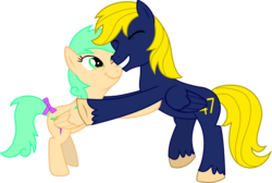 Size: 1193x802 | Tagged: safe, artist:chipmagnum, oc, oc:navy numbers, oc:peachy streak, pegasus, pony, g4, female, hug, male, mare, simple background, stallion, transparent background