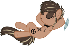 Size: 1052x658 | Tagged: safe, artist:chipmagnum, oc, oc only, oc:tokietta, earth pony, pony, g4, female, mare, pillow, simple background, solo, tattoo, transparent background