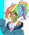 Size: 1782x2111 | Tagged: safe, artist:destroyer_aky, kotobukiya, rainbow dash, human, g4, clothes, cute, dark skin, dashabetes, eyebrows, eyebrows visible through hair, female, hoodie, humanized, kotobukiya rainbow dash, looking at you, smiling, solo, tank top