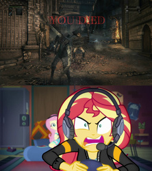 Size: 1280x1440 | Tagged: safe, edit, fluttershy, sunset shimmer, equestria girls, equestria girls series, g4, game stream, spoiler:eqg series (season 2), angry, bloodborne, comparison, gamer sunset, meme, psycho gamer sunset, sunset shimmer frustrated at game, tell me what you need