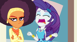 Size: 1278x703 | Tagged: safe, edit, edited screencap, editor:ktd1993, screencap, rarity, saffron masala, display of affection, equestria girls, g4, my little pony equestria girls: better together, afro, alternate hairstyle, equestria girls-ified, female, geode of shielding, lesbian, magical geodes, raffron, shipping
