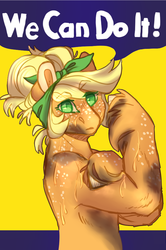 Size: 634x952 | Tagged: safe, artist:eqq_scremble, derpibooru exclusive, applejack, earth pony, pony, eqqverse, g4, alternate hairstyle, bandana, buff, bust, dirty, female, freckles, hair bun, headcanon, headcanon in the description, hilarious in hindsight, mare, muscles, older, poster, rosie the riveter, solo, sweat, unshorn fetlocks, writing