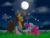 Size: 2048x1536 | Tagged: safe, artist:summer-cascades, cheese sandwich, pinkie pie, earth pony, firefly (insect), pony, g4, blushing, clothes, cloud, cloudy, female, full moon, glowing, grass, hat, male, moon, night, poncho, ship:cheesepie, shipping, straight