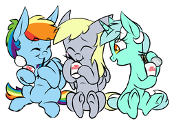 Size: 3816x2704 | Tagged: safe, artist:chub-wub, derpy hooves, lyra heartstrings, rainbow dash, pegasus, pony, unicorn, g4, blushing, chopsticks, cup, cute, dashabetes, derpabetes, eating, eyes closed, female, food, high res, lyrabetes, mare, noodles, open mouth, simple background, sitting, smiling, white background