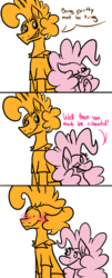 Size: 840x2069 | Tagged: safe, artist:summer-cascades, cheese sandwich, pinkie pie, pony, g4, blushing, comic strip, female, funny, humor, limited palette, male, ship:cheesepie, shipping, simple background, straight, white background