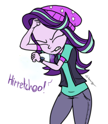 Size: 835x957 | Tagged: safe, artist:rainberry, artist:silverwing, starlight glimmer, equestria girls, g4, clothes, female, hat, jeans, nostrils, pants, sneeze cloud, sneezing, watch