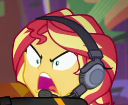 Size: 355x291 | Tagged: safe, screencap, sunset shimmer, equestria girls, equestria girls series, g4, game stream, spoiler:eqg series (season 2), cropped, female, frustrated, gamer sunset, headphones, yelling