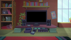 Size: 1920x1080 | Tagged: safe, screencap, equestria girls, g4, game stream, my little pony equestria girls: better together, book, bookshelf, console, no pony, plant, plushie, sunset's apartment, television, window