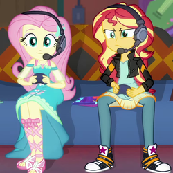Size: 762x763 | Tagged: safe, screencap, fluttershy, sunset shimmer, equestria girls, g4, game stream, my little pony equestria girls: better together, converse, cropped, feet, female, fluttershy boho dress, gamer fluttershy, gamer sunset, gamershy, geode of fauna, headphones, magical geodes, sandals, shoes, sneakers