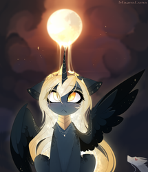 Size: 1555x1809 | Tagged: safe, artist:magnaluna, princess luna, oc, oc:zefiroth, alicorn, dragon, pony, g4, :<, female, glowing mane, heart eyes, horn, jewelry, magic, male, mare, moon, necklace, regalia, slit pupils, solo, spread wings, wingding eyes, wings