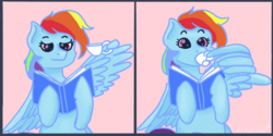 Size: 3400x1700 | Tagged: safe, artist:kiwiscribbles, rainbow dash, pegasus, pony, g4, 2 panel comic, book, comic, cup, feather fingers, female, solo, teacup, wing hands, wings