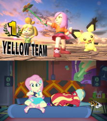 Size: 1280x1440 | Tagged: safe, artist:alphamonouryuuken, screencap, fluttershy, sunset shimmer, pichu, equestria girls, equestria girls series, g4, game stream, spoiler:eqg series (season 2), animal crossing, clothes, comparison, converse, crossover, face down ass up, feet, gamer sunset, gamershy, headphones, headset, isabelle, jeans, meme, mii fighters, mii swordfighter, nintendo switch, pants, pokémon, pose, psycho gamer sunset, sandals, shoes, smiling, sneakers, sunset shimmer frustrated at game, sunset's apartment, super smash bros., super smash bros. ultimate, team