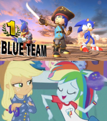 Size: 1280x1440 | Tagged: safe, artist:alphamonouryuuken, applejack, rainbow dash, equestria girls, g4, my little pony equestria girls: rainbow rocks, barely pony related, boots, clothes, comparison, crossover, falco lombardi, hat, male, mii, mii fighters, mii swordfighter, pirate, pirate costume, pirate dash, pirate hat, pirate outfit, pose, shoes, smiling, sonic the hedgehog, sonic the hedgehog (series), star fox, super smash bros., super smash bros. ultimate, sword, team, text, weapon
