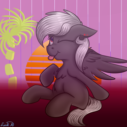 Size: 800x800 | Tagged: safe, artist:luriel maelstrom, oc, oc only, oc:luriel maelstrom, pony, chest fluff, cute, male, miami, signature, sitting, solo, spread wings, tongue out, trap, wings