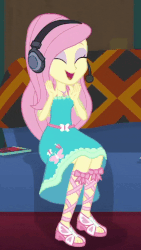 Size: 460x814 | Tagged: safe, screencap, fluttershy, equestria girls, g4, game stream, my little pony equestria girls: better together, animated, clapping, cropped, cute, eyes closed, female, fluttershy boho dress, gamershy, geode of fauna, gif, happy, headphones, headset, magical geodes, shyabetes, solo