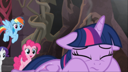 Size: 1669x939 | Tagged: safe, screencap, pinkie pie, rainbow dash, rarity, twilight sparkle, alicorn, earth pony, pegasus, pony, unicorn, g4, school raze, exhausted, eyes closed, female, floppy ears, flying, mare, open mouth, prone, raised eyebrow, solo focus, spread wings, twilight sparkle (alicorn), wavy mouth, wings