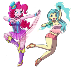 Size: 3168x2960 | Tagged: safe, artist:danmakuman, edit, pinkie pie, princess skystar, human, equestria girls, g4, armpits, belly button, boots, breasts, cleavage, clothes, equestria girls-ified, feet, female, fishnet pantyhose, fishnet stockings, high res, miniskirt, pantyhose, sandals, shoes, shorts, skirt