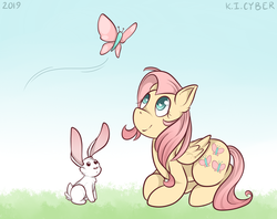 Size: 1100x873 | Tagged: safe, artist:cyberstarfox, angel bunny, fluttershy, butterfly, pegasus, pony, rabbit, g4, duo, female, folded wings, grass, heart eyes, looking at something, looking up, mare, prone, sky, smiling, wingding eyes, wings