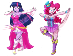 Size: 3536x2728 | Tagged: safe, artist:danmakuman, edit, pinkie pie, twilight sparkle, human, equestria girls, g4, armpits, aside glance, boots, bracelet, breasts, choker, cleavage, clothes, corset, crossed legs, dancing, dress, evening gloves, female, fishnets, gloves, hat, high heel boots, high res, jewelry, long gloves, looking at you, miniskirt, open mouth, pantyhose, raised eyebrow, raised leg, shoes, simple background, skirt, smiling, smirk, socks, thigh highs, white background