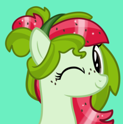 Size: 1500x1511 | Tagged: safe, artist:pilot231, oc, oc only, oc:watermelana, pony, bust, female, freckles, mare, one eye closed, portrait, vector, wink
