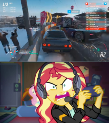 Size: 874x988 | Tagged: safe, edit, screencap, fluttershy, sunset shimmer, equestria girls, g4, game stream, my little pony equestria girls: better together, angry, forza, forza horizon, forza horizon 4, gamer sunset, meme, nissan, nissan skyline, psycho gamer sunset, rage, sunset shimmer frustrated at game, sunset vs fluttershy, tell me what you need