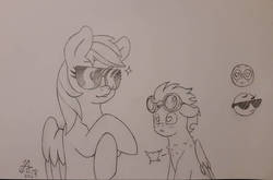 Size: 1024x676 | Tagged: safe, artist:henrique-alves, rainbow dash, soarin', pony, g4, female, gangnam style, goggles, heart, heart eyes, male, pencil drawing, ship:soarindash, shipping, straight, sunglasses, traditional art, wingding eyes