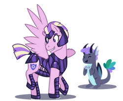 Size: 1280x1056 | Tagged: safe, artist:quincydragon, princess skyla, oc, oc:theodore, dragonling, hybrid, pegasus, pony, g4, alternate design, armor, butch, offspring, parent:princess cadance, parent:shining armor, parents:shiningcadance, simple background, species swap, transparent background