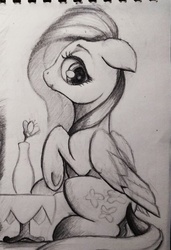 Size: 1756x2565 | Tagged: safe, artist:ponsce, fluttershy, pegasus, pony, g4, female, floppy ears, folded wings, grayscale, jar, looking at you, mare, monochrome, pencil drawing, profile, raised hoof, sitting, solo, table, traditional art, underhoof, wings