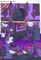 Size: 2250x3320 | Tagged: safe, artist:perfectblue97, fluttershy, pinkie pie, rainbow dash, rarity, twilight sparkle, earth pony, pegasus, pony, unicorn, comic:shadows of the past, g4, applejack's hat, boba fett, censored, cloak, clothes, comic, cowboy hat, fart, fart noise, hat, high res, mare in the moon, moon, onomatopoeia, ponyville, shadow, sound effects, star wars, time paradox, unicorn twilight, unnecessary censorship