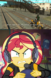 Size: 1150x1728 | Tagged: safe, edit, edited screencap, screencap, fluttershy, sunset shimmer, equestria girls, g4, game stream, my little pony equestria girls: better together, angry, big smoke, carl johnson, cropped, cute, follow the damn train, gamer sunset, grand theft auto, gta san andreas, headphones, madorable, meme, motorcycle, psycho gamer sunset, rageset shimmer, railroad, sunset shimmer frustrated at game, tell me what you need, wrong side of the tracks