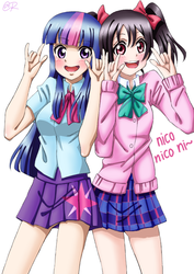 Size: 545x770 | Tagged: safe, artist:tastyrainbow, twilight sparkle, equestria girls, g4, anime, blushing, clothes, crossover, cute, devil horn (gesture), human coloration, love live!, love live! school idol project, miniskirt, moe, nico nico nii, nico yazawa, pigtails, pleated skirt, skirt, twilight sparkle (alicorn)