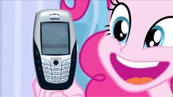 Size: 1024x577 | Tagged: safe, edit, edited screencap, screencap, pinkie pie, equestria girls, g4, my little pony equestria girls: better together, super squad goals, 2006, cellphone, happy, nokia, phone, pinkie pie is amused