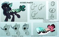 Size: 1920x1214 | Tagged: dead source, safe, artist:php146, oc, oc:naomi, original species, suisei pony, augmented tail, closed species, cloven hooves, curved horn, eye clipping through hair, horn, horns, male, reference sheet