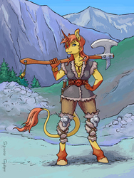 Size: 700x932 | Tagged: safe, artist:adeptus-monitus, classical unicorn, unicorn, anthro, unguligrade anthro, axe, barbarian, clothes, cloven hooves, commission, female, horn, leonine tail, mare, mountain, unshorn fetlocks, weapon, ych result