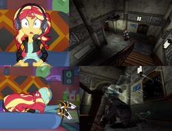 Size: 924x705 | Tagged: safe, edit, screencap, sunset shimmer, equestria girls, g4, game stream, my little pony equestria girls: better together, converse, face down ass up, female, gamer sunset, jill valentine, nemesis, resident evil, resident evil 3, shoes