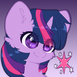 Size: 2000x2000 | Tagged: safe, artist:etoz, twilight sparkle, pony, unicorn, g4, bust, female, gradient background, happy, high res, horn, mare, smiling, wingding eyes