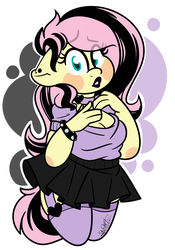 Size: 2047x2930 | Tagged: safe, artist:befishproductions, fluttershy, anthro, g4, adorasexy, breasts, chibi, choker, cleavage, clothes, cute, emoshy, female, garter belt, garters, high res, lipstick, miniskirt, pleated skirt, sexy, skirt, solo, spiked wristband, stockings, thigh highs, wristband
