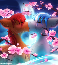 Size: 1356x1500 | Tagged: safe, artist:redchetgreen, oc, oc only, oc:captain sunride, oc:cloud zapper, pegasus, pony, blushing, cherry blossoms, eyes closed, floppy ears, flower, flower blossom, gay, kissing, male, stallion, tree, water, waterfall, wet, wet hair, ych result