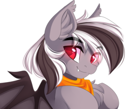 Size: 4426x3798 | Tagged: safe, artist:airiniblock, oc, oc only, oc:stormdancer, bat pony, pony, rcf community, absurd resolution, bandana, bat pony oc, chest fluff, ear fluff, fangs, looking at you, red eyes, simple background, smiling, solo, spread wings, transparent background, wings