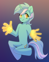 Size: 1386x1773 | Tagged: safe, artist:tigra0118, lyra heartstrings, unicorn, semi-anthro, g4, anatomically incorrect, arm hooves, background pony, chibi, female, hand, incorrect leg anatomy, looking at you, magic, magic hands, mare, solo, that pony sure does love hands